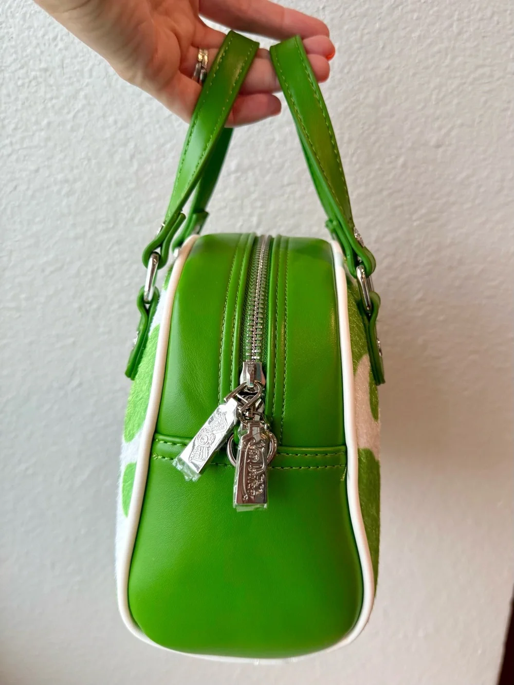 Von Dutch Green & White Cowhide Mini Satchel with Yellow Logo